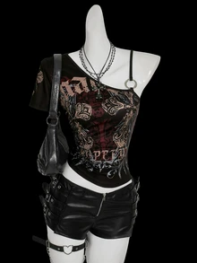 SHEIN ICON Y2K 女款夏季哥德風 Grunge Rock 十字印花不對稱領上衣 哥德龐克扣環上衣 黑色 夜店外出穿搭 - 彩色 - 查看 10