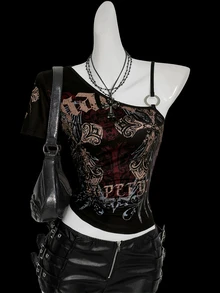 SHEIN ICON Y2K 女款夏季哥德風 Grunge Rock 十字印花不對稱領上衣 哥德龐克扣環上衣 黑色 夜店外出穿搭 - 彩色 - 查看 1