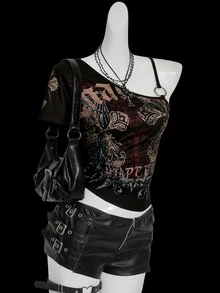 SHEIN ICON Y2K 女款夏季哥德風 Grunge Rock 十字印花不對稱領上衣 哥德龐克扣環上衣 黑色 夜店外出穿搭 - 彩色 - 查看 4