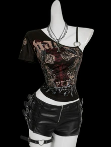 SHEIN ICON Y2K 女款夏季哥德風 Grunge Rock 十字印花不對稱領上衣 哥德龐克扣環上衣 黑色 夜店外出穿搭 - 彩色 - 查看 9
