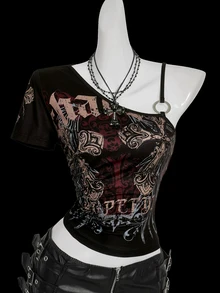 SHEIN ICON Y2K 女款夏季哥德風 Grunge Rock 十字印花不對稱領上衣 哥德龐克扣環上衣 黑色 夜店外出穿搭 - 彩色 - 查看 3