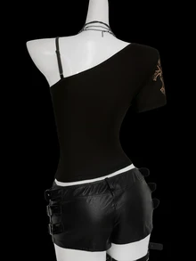 SHEIN ICON Y2K 女款夏季哥德風 Grunge Rock 十字印花不對稱領上衣 哥德龐克扣環上衣 黑色 夜店外出穿搭 - 彩色 - 查看 2