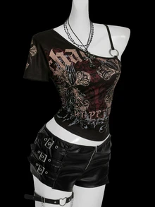 SHEIN ICON Y2K 女款夏季哥德風 Grunge Rock 十字印花不對稱領上衣 哥德龐克扣環上衣 黑色 夜店外出穿搭 - 彩色 - 查看 5