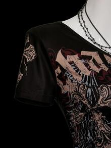 SHEIN ICON Y2K 女款夏季哥德風 Grunge Rock 十字印花不對稱領上衣 哥德龐克扣環上衣 黑色 夜店外出穿搭 - 彩色 - 查看 8