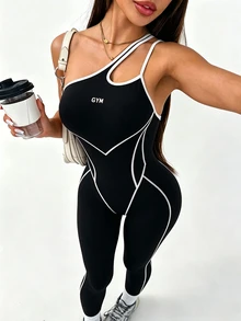 SHEIN Core Rhythm Sommermode sportjumpsuit med kontrastfärger, synliga sömmar och asymmetrisk axel - Svart - Visa 6