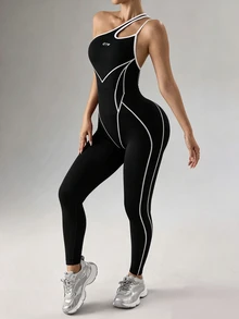 SHEIN Core Rhythm Sommermode sportjumpsuit med kontrastfärger, synliga sömmar och asymmetrisk axel - Svart - Visa 3