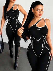 SHEIN Core Rhythm Sommermode sportjumpsuit med kontrastfärger, synliga sömmar och asymmetrisk axel - Svart - Visa 4