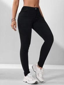SHEIN EZwear Jeans Wanita Plus Size Hitam Denim dengan Kancing dan Ritsleting, Pinggang Tinggi, Skinny, Gaya Kasual Bisnis untuk Musim Gugur, Cocok untuk Pergi Keluar dan Pemakaian Harian - Hitam - View 1