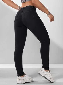 SHEIN EZwear Jeans Wanita Plus Size Hitam Denim dengan Kancing dan Ritsleting, Pinggang Tinggi, Skinny, Gaya Kasual Bisnis untuk Musim Gugur, Cocok untuk Pergi Keluar dan Pemakaian Harian - Hitam - View 2
