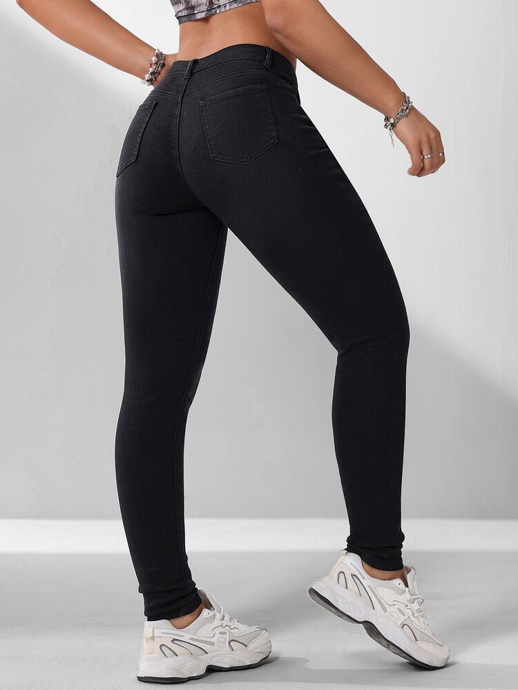 SHEIN EZwear 秋季休閒商務高腰修身鈕扣拉鍊黑色牛仔褲，大尺碼女款外出日常穿著牛仔褲 - 黑色 - 查看 2