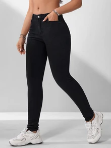 SHEIN EZwear Jeans Wanita Plus Size Hitam Denim dengan Kancing dan Ritsleting, Pinggang Tinggi, Skinny, Gaya Kasual Bisnis untuk Musim Gugur, Cocok untuk Pergi Keluar dan Pemakaian Harian - Hitam - View 3