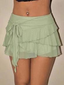 SHEIN ICON Minifalda negra de estilo Y2K de cintura baja con múltiples volantes - verde menta - Ver 5