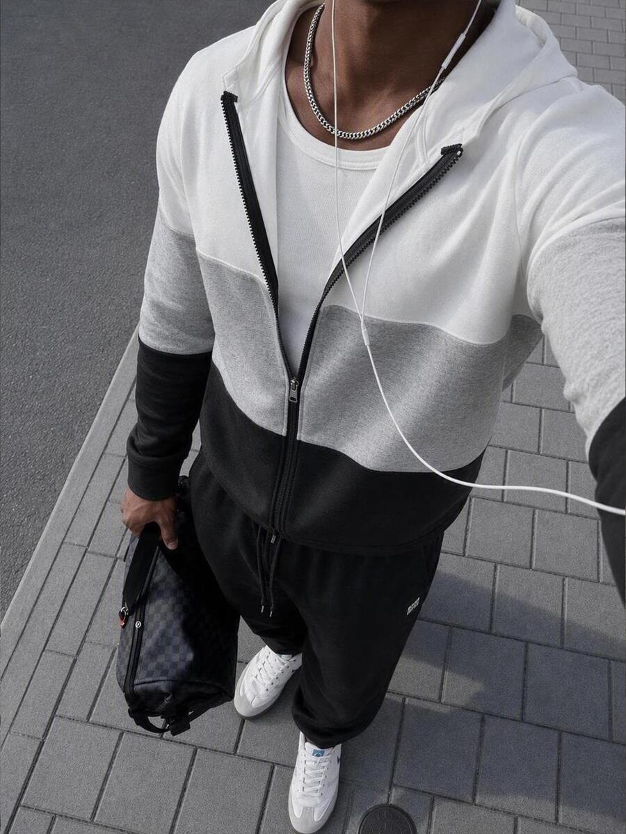 HIMLAND 男士兩件式針織修身拼色拼接長袖連帽開襟運動衫套裝 - 彩色 - 查看 1