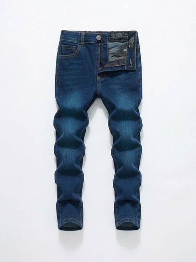 SHEIN Genkimix Kids Jeans de algodón con corte ajustado y cintura elástica, estilo casual y holgado, para niños preadolescentes, adecuados para primavera, verano, otoño e invierno