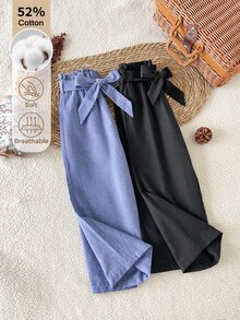 SHEIN Young Girl Solid Color Waist Knot Design Casual Long Pants - Multicolor - View 4