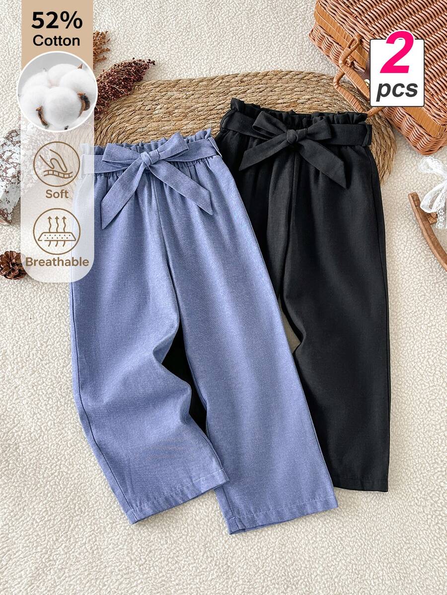 SHEIN Young Girl Solid Color Waist Knot Design Casual Long Pants
