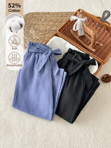 SHEIN Young Girl Solid Color Waist Knot Design Casual Long Pants - Multicolor - View 6