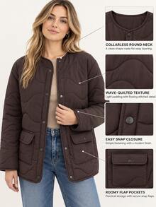 Pariaura Women's Brown Quilted Puffer Jacket With Functional Pockets, Warm Winter Outerwear - Brown - View 2