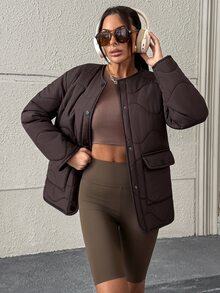 Pariaura Women's Brown Quilted Puffer Jacket With Functional Pockets, Warm Winter Outerwear - Brown - View 6