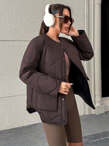 Pariaura Women's Brown Quilted Puffer Jacket With Functional Pockets, Warm Winter Outerwear - Brown - View 7