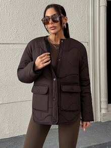 Pariaura Women's Brown Quilted Puffer Jacket With Functional Pockets, Warm Winter Outerwear - Brown - View 3