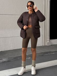 Pariaura Women's Brown Quilted Puffer Jacket With Functional Pockets, Warm Winter Outerwear - Brown - View 4