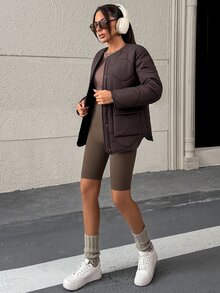 Pariaura Women's Brown Quilted Puffer Jacket With Functional Pockets, Warm Winter Outerwear - Brown - View 5