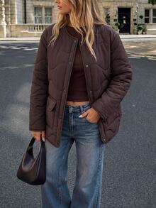 Pariaura Women's Brown Quilted Puffer Jacket With Functional Pockets, Warm Winter Outerwear - Brown - View 1