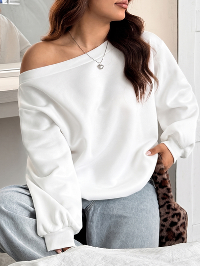 SHEIN EZwear เสื้อยืดลำลองแขนยาวไหล่ตกคอไม่สมมาตรสีพื้นสำหรับผู้หญิงไซส์ใหญ่ฤดูใบไม้ร่วง