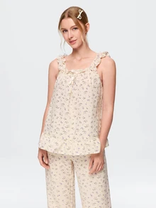 Bonmuse RS Pajama1 Ditsy Floral Ruffle Strap Nightgown Set With Bow Decor - Apricot - View 7