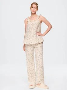 Bonmuse RS Pajama1 Ditsy Floral Ruffle Strap Nightgown Set With Bow Decor - Apricot - View 5