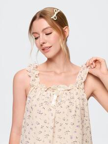 Bonmuse RS Pajama1 Ditsy Floral Ruffle Strap Nightgown Set With Bow Decor - Apricot - View 8