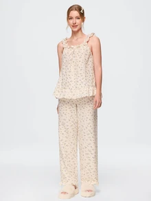 Bonmuse RS Pajama1 Ditsy Floral Ruffle Strap Nightgown Set With Bow Decor - Apricot - View 3