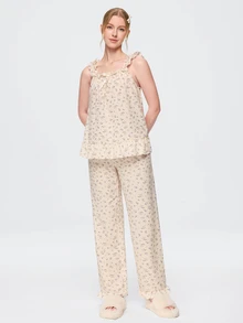 Bonmuse RS Pajama1 Ditsy Floral Ruffle Strap Nightgown Set With Bow Decor - Apricot - View 1