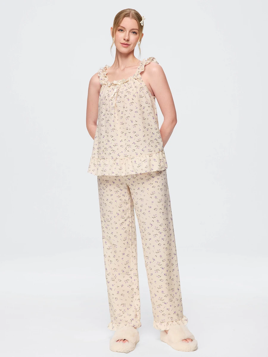 Bonmuse RS Pajama1 Ditsy Floral Ruffle Strap Nightgown Set With Bow Decor - Apricot - View 1