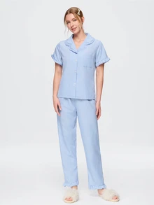 Bonmuse 2pcs Women's Pajama Set, Elegant Ruffle Short Sleeve Long Pants Pajama Set, Open Front Lapel Comfortable Pajamas - Soft Short Sleeve Button Up Top And Elastic Waist Long Pants, Casual Loungewear - Baby Blue - View 4