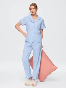 Bonmuse 2pcs Women's Pajama Set, Elegant Ruffle Short Sleeve Long Pants Pajama Set, Open Front Lapel Comfortable Pajamas - Soft Short Sleeve Button Up Top And Elastic Waist Long Pants, Casual Loungewear - Baby Blue - View 1