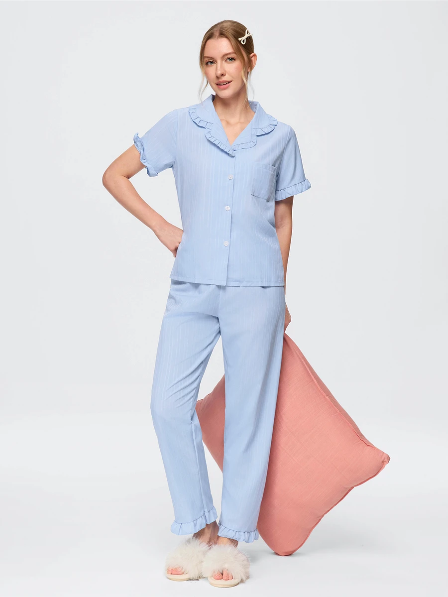 Bonmuse 2pcs Women's Pajama Set, Elegant Ruffle Short Sleeve Long Pants Pajama Set, Open Front Lapel Comfortable Pajamas - Soft Short Sleeve Button Up Top And Elastic Waist Long Pants, Casual Loungewear - Baby Blue - View 1