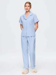 Bonmuse 2pcs Women's Pajama Set, Elegant Ruffle Short Sleeve Long Pants Pajama Set, Open Front Lapel Comfortable Pajamas - Soft Short Sleeve Button Up Top And Elastic Waist Long Pants, Casual Loungewear - Baby Blue - View 3
