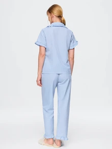 Bonmuse 2pcs Women's Pajama Set, Elegant Ruffle Short Sleeve Long Pants Pajama Set, Open Front Lapel Comfortable Pajamas - Soft Short Sleeve Button Up Top And Elastic Waist Long Pants, Casual Loungewear - Baby Blue - View 2