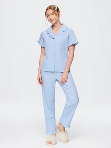 Bonmuse 2pcs Women's Pajama Set, Elegant Ruffle Short Sleeve Long Pants Pajama Set, Open Front Lapel Comfortable Pajamas - Soft Short Sleeve Button Up Top And Elastic Waist Long Pants, Casual Loungewear - Baby Blue - View 6