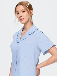 Bonmuse 2pcs Women's Pajama Set, Elegant Ruffle Short Sleeve Long Pants Pajama Set, Open Front Lapel Comfortable Pajamas - Soft Short Sleeve Button Up Top And Elastic Waist Long Pants, Casual Loungewear - Baby Blue - View 8