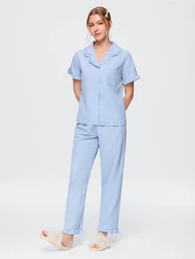 Bonmuse 2pcs Women's Pajama Set, Elegant Ruffle Short Sleeve Long Pants Pajama Set, Open Front Lapel Comfortable Pajamas - Soft Short Sleeve Button Up Top And Elastic Waist Long Pants, Casual Loungewear - Baby Blue - View 5