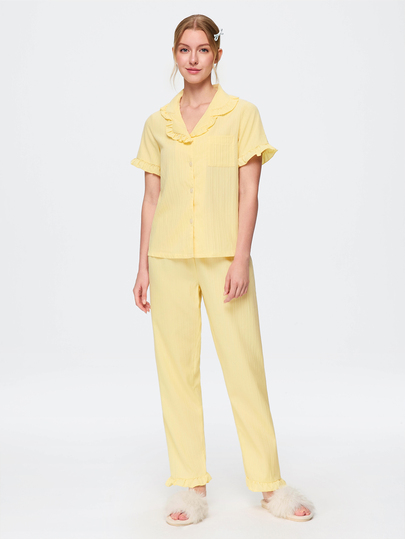 Bonmuse 2-Piece Women's Pajama Set, Elegant Ruffle Short Sleeve Long Pants Pajama Set, Open Front Lapel Comfortable Sleepwear - Soft Short Sleeve Button-Up Top And Elastic Waist Long Pants, Casual Loungewear