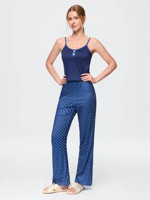 Bonmuse Women's 2 Pieces Polka Dot Print Faux Button Camisole & Flare Leg Pajama Set. Cute Pajama Set, Women's Vacation Outfit. - Blue - View 5