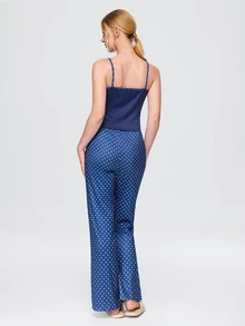 Bonmuse Women's 2 Pieces Polka Dot Print Faux Button Camisole & Flare Leg Pajama Set. Cute Pajama Set, Women's Vacation Outfit. - Blue - View 2