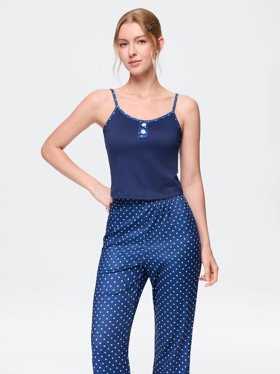 Bonmuse Women's 2 Pieces Polka Dot Print Faux Button Camisole & Flare Leg Pajama Set. Cute Pajama Set, Women's Vacation Outfit. - Blue - View 1