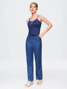 Bonmuse Women's 2 Pieces Polka Dot Print Faux Button Camisole & Flare Leg Pajama Set. Cute Pajama Set, Women's Vacation Outfit. - Blue - View 3