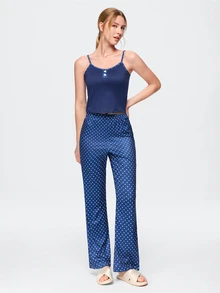 Bonmuse Women's 2 Pieces Polka Dot Print Faux Button Camisole & Flare Leg Pajama Set. Cute Pajama Set, Women's Vacation Outfit. - Blue - View 4