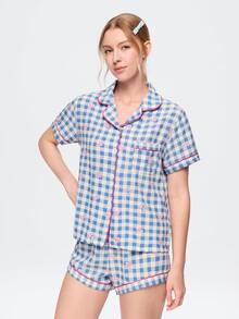 Bonmuse Valentine's Day Bow Plaid Short Women's Pajama Set - Short Sleeve Button Collar Top And Pants, Soft Satin Pajamas, Machine Washable, Suitable For Outdoor Wear - Multicolor - View 5
